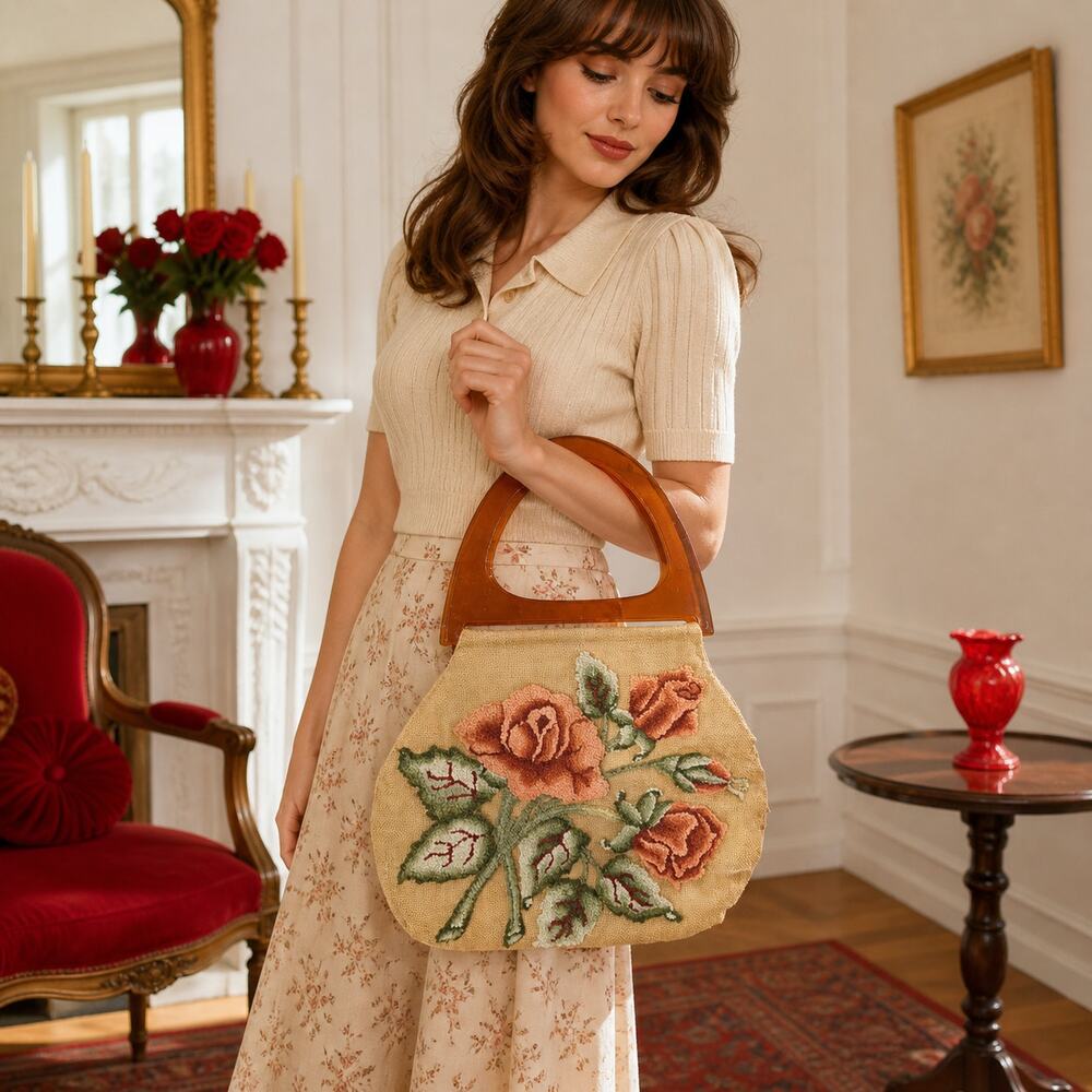 70s Handmade Floral Burlap Purse Large Plastic Handle Bag